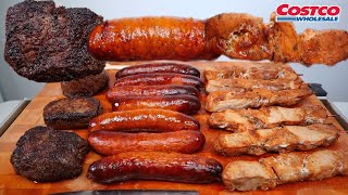 ASMR MUKBANG COSTCO WAGYU TOP SIRLOIN MEDALLION STEAKS, GREEK STYLE SKEWERS & CHILI CHEESE SAUSAGE