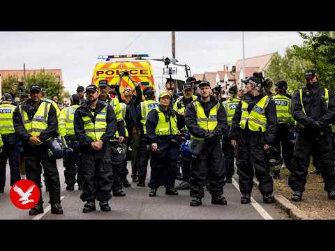 YouTube video thumbnail: Epping: Police in Riot Gear as Anti-Migrant and Counter Protests Take Place Outside Bell Hotel