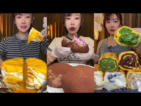 Dessert Asmr Crepes and Roll Cake, Soft Sticky Chocolate mochis 크레페와 롤케이크