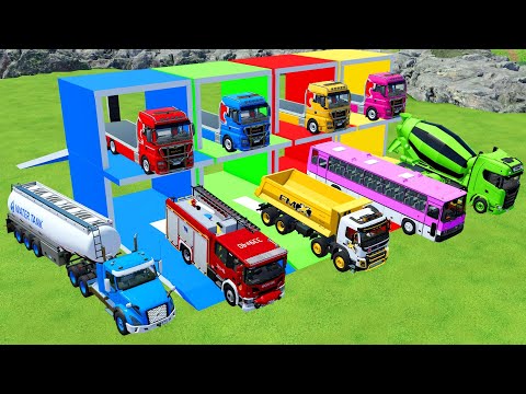 TRANSPORTING MIXER CEMENT TRUCK, DUMP TRUCK, POLICE CAR TO GARAGE WITH MAN TRUCK - FS22