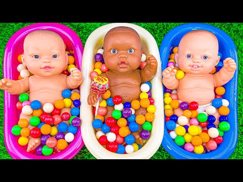 Satisfying ASMR | Gum Balls Candy Mixing in Three Magic Bathtubs and Funny Glossy Skittles & Make Up