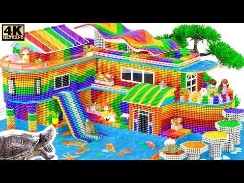 Build A Super Villa With Unique Rainbow Roof & Water Slide To The Swimming Pool From Magnetic Balls