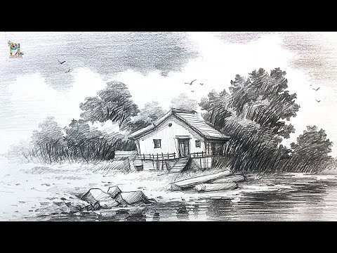 How to draw House beside lake in Scenery Art