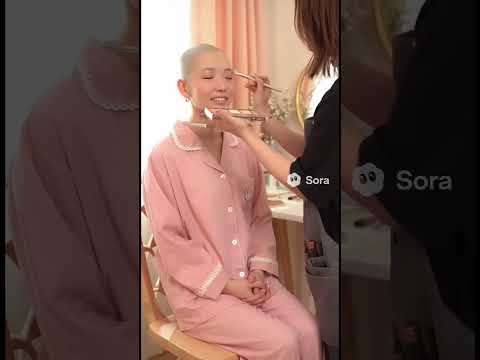 メイクして貰う坊主女子。ai生成。headshave