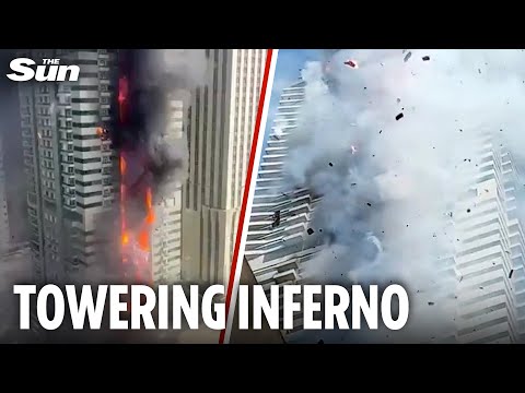 Terrifying moment huge fire rips through 67-storey Dubai Marina skyscraper forcing 4,000 to flee