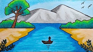 Easy Scenery Drawing | How To Draw Mountain and River Scenery Step by Step With Oil Pastels
