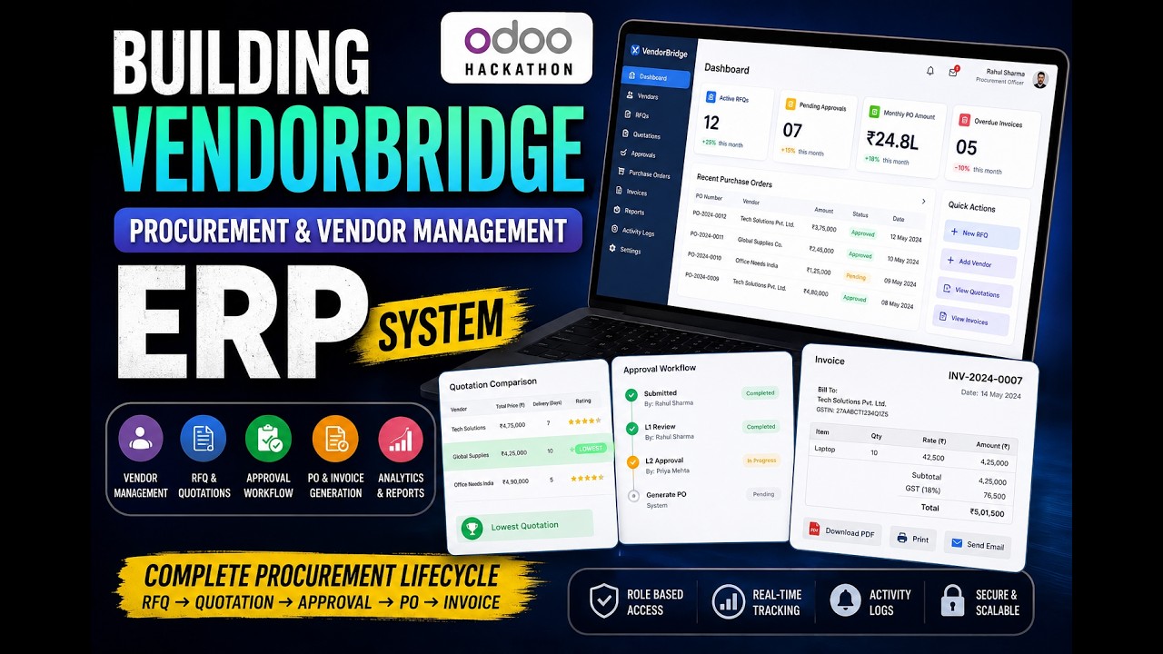 Building VendorBridge — Procurement ERP for Odoo Hackathon | 06.06.2026

VendorBridge — Procurement & Vendor Management ERP In this video, we break down the complete architecture and workflow ...