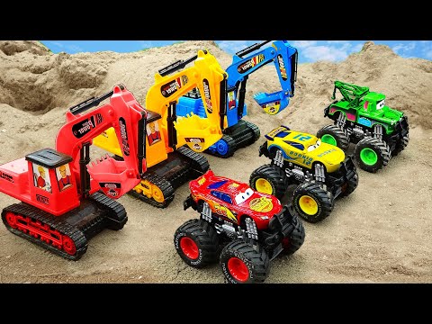 Cranes and excavators scoop and assemble construction cars and rescue Lightning McQueen cars