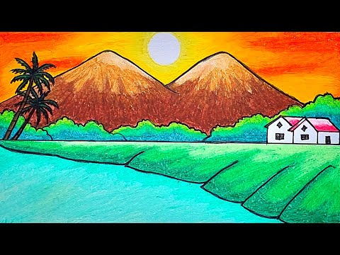 Easy Scenery Drawing | How To Draw Mountain and River at Sunset Scenery With Oil Pastels