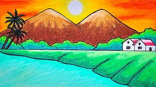 Easy Scenery Drawing | How To Draw Mountain and River at Sunset Scenery With Oil Pastels