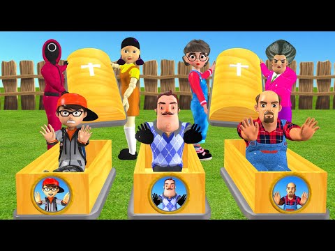 Scary Teacher 3D Who Throw Faster Balloon Mask Challenge Miss T vs 4 Neighbor vs Gun Water Pipe