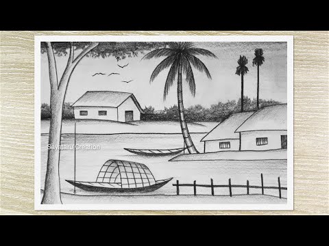 Village Nature Scenery Drawing with Pencil, Nature Drawing, Pencil Drawing