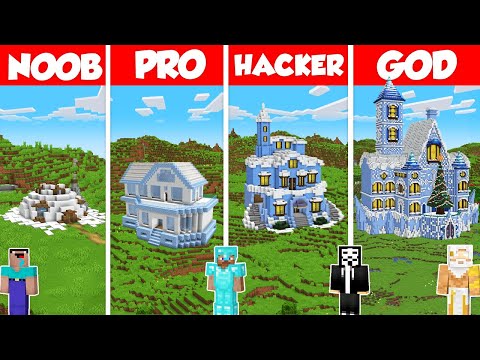 Winter Snow Ice House Build Battle Challenge - Noob vs Pro vs Hacker vs God - Minecraft Animation