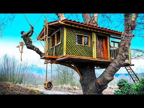 Man Builds Amazing Off Grid TREEHOUSE With Watermill - Start to Finish by ‪@crazybushcraft‬