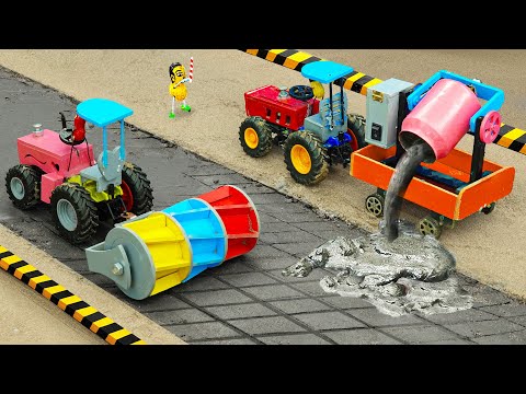 Diy tractor mini Road Roller to making Concrete Road | Rescue Tractor Transporting Wine | HP Mini