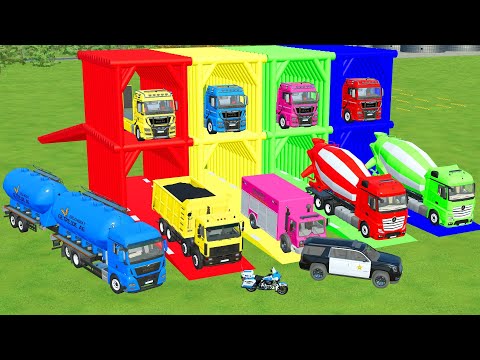 TRANSPORTING EXCAVATOR, DUMP TRUCK, BULLDOZER, POLICE CARS TO GARAGE WITH MAN TRUCK - FS22