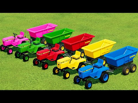 Mini Tractor of Colors! Transporting John Deere Tractors and Trailer to Mini Farm! Fill Corn Chaff!