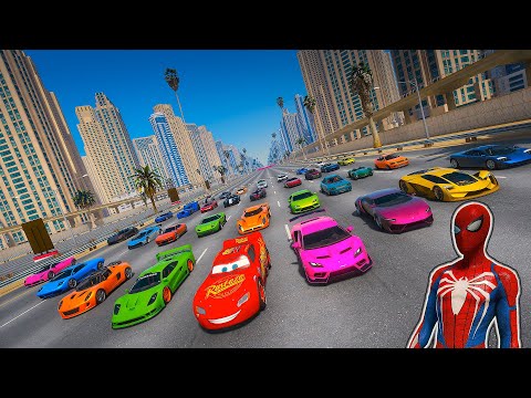 SPIDERMAN CARS Race in Dubai - Pixar Disney Cars Lightning McQueen vs Racing All Cars - GTA 5 - 4K