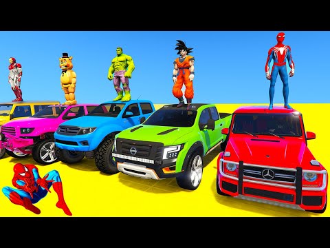 SPIDERMAN CARS Vs OFF Road Trucks WODDEN Ramp Challenge ! SUPERHERO HULK Epic New Stunt Race - GTA 5