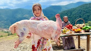 Cooking a Whole Stuffed Lamb with Mixed Rice in a Handmade Village Oven