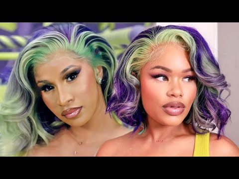 CARDI B + MEGAN THEE STALLION "WAP" WATCH ME RECREATE | 2 TONE GREEN + PURPLE WIG | Arnellarmon