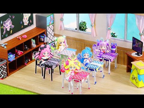 プリキュアの学校と小物をDIY❤️キミとアイドルプリキュアのキュアズキューン、キュアキッス、キュアアイドル、キュアキュンキュン、キュアウインクの教室を手作り✨お部屋を100均材料工作🍭