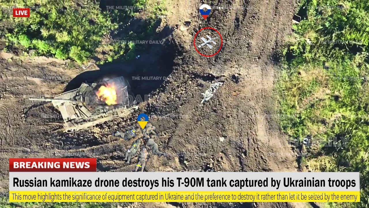 Russian Kamikaze Drone Destroys his T-90M Tank