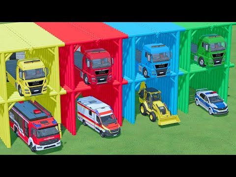 GARAGE OF COLORS ! FIRE TRUCK, AMBULANCE CARS, LOADER, POLICE CARS TRANSPORTING Farming Simulator 22