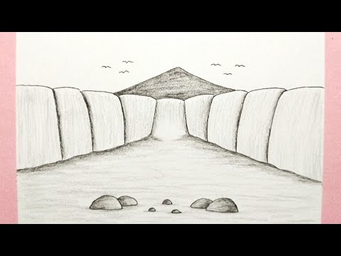 Cara menggambar pemandangan air terjun dan gunung - Pencil drawing landscape