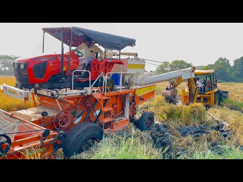 Kubota harvester stuck in mud Rescued by JCB 3DX eco | tractor videos |