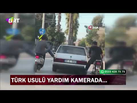 Türk usulü yardım: Motosikletliler, yolda kalan otomobili ayaklarıyla böyle ittirdi