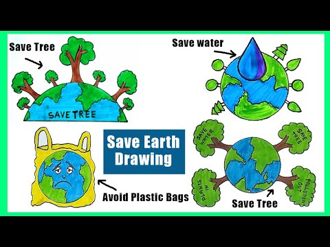 How to draw Save Earth | Save Tree drawing | Draw Avoid Plastic Bags | Save water | School Project