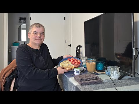 Morning chat with Scrambled Eggs Ham Toast Strawberries Yogurt n Coffee 