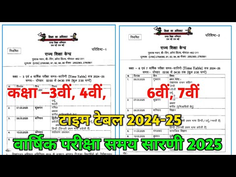 कक्षा 3वीं 4वीं 6वीं 7वीं वार्षिक परीक्षा टाइम टेबल 2025 || varshik pariksha time table 2024-25 ||