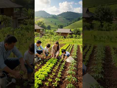 Family planting vegetables together in small garden, countryside Vietnam