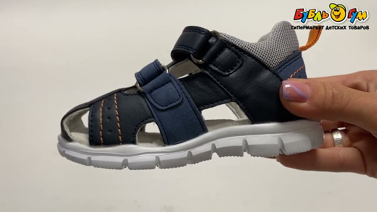 Сандалии Pasito открытые на двойной липучке с оранжевой строчкой синие - видео