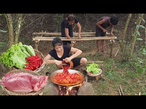 Survival cooking, Pork salad braised tasty So delicious food for dinner