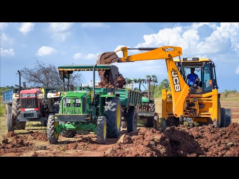 JCB 3DX Plus Loading Mud in New Holland VST Swaraj John Deere Tractor for Farming Land Developing