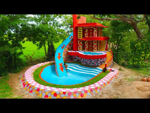 How To Build My Dream Villa ,Pool & Water Slide By Ancient Skills In Forest