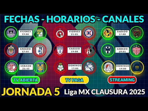 FECHAS, HORARIOS y CANALES CONFIRMADOS para los PARTIDOS de la JORNADA 5 Liga MX CLAUSURA 2025