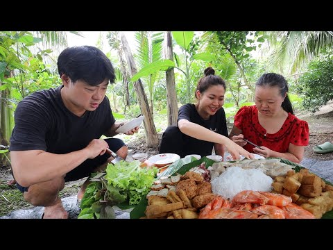 Ba cô cháu ra vườn ăn THỊT LUỘC, TÔM, BẠCH TUỘC, CHẢ CỐM… chấm mắm tôm quá đã luôn