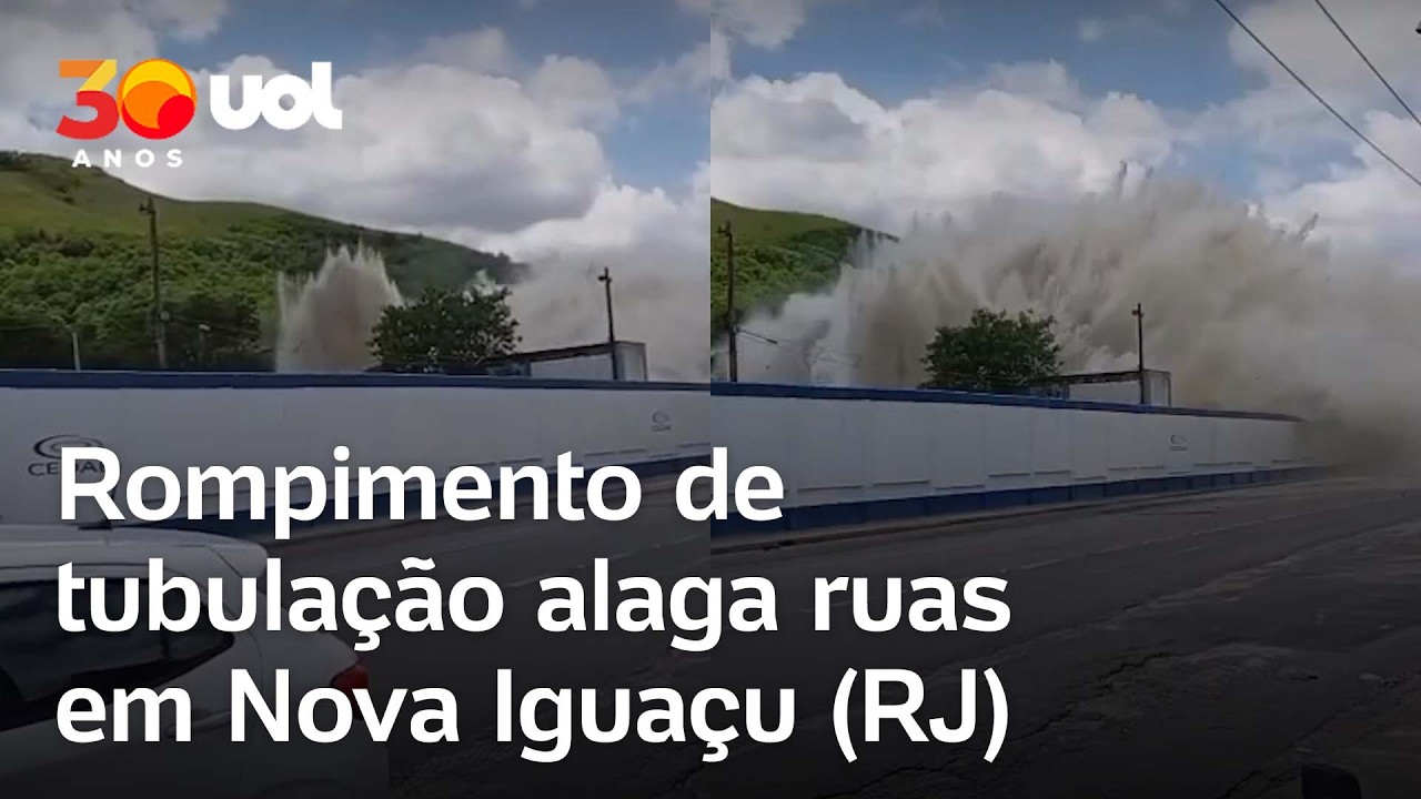 Rompimento de tubulação alaga ruas em Nova Iguaçu (RJ)