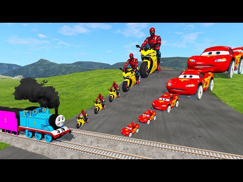 Big & Small Mcqueen with Saw Wheels vs Spiderman on a Motorcycle vs Thomas Train - BeamNG.drive