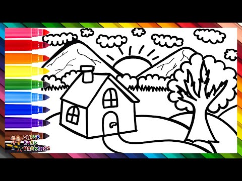 Draw and Color a Landscape 🏠🌳🌄🌈 Drawings for Kids