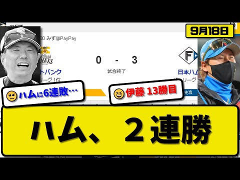 【1位vs2位】日本ハムファイターズがソフトバンクホークスに3-0で勝利…9月18日完封勝ちで2連勝…先発伊藤完封で13勝目…水野&マルティネス&レイエスが活躍【最新・反応集・なんJ・2ch】プロ野球