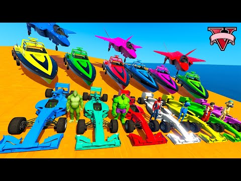 Spiderman & Super Heroes Race In Mega Ramps By Mack Trucks & Sea Bikes Super Cars