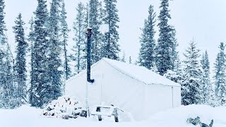 -34C WINTER CAMPING in a HOT TENT *HEAVY SNOW*