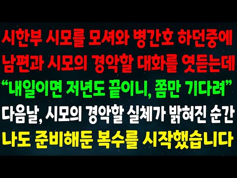 (반전신청사연)시한부 시모 모셔와 병간호 하던중 남편과 시모 대화를 엿듣는데"내일이면 저년도 끝이니 쫌만 기다려"다음날 시모의 경악할 실체가 밝혀진 순간 준비한 복수를 시작했습니다