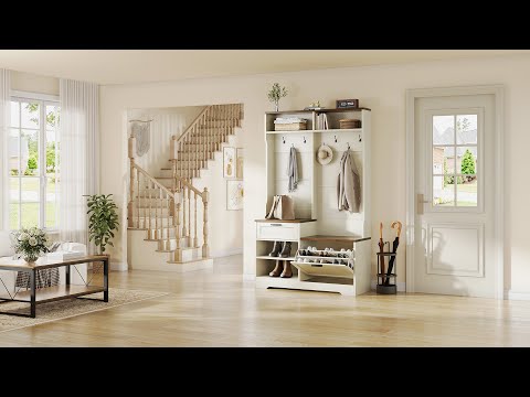 Hall Tree, 43.3" Entryway Coat Rack with Bench Shoe Storage, 6-in-1 Entryway Bench with Flip Drawer, 7 Hooks, 4 Storage Cubbies, Adjustable Shelf Youtube thumbnail image number 9