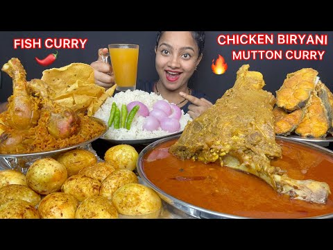 ASMR🔥BIG LEG MUTTON CURRY , CHICKEN BIRYANI, FRIED FISHES, ROASTED EGG WITH BASMATI RICE 😋🌶️ EATING